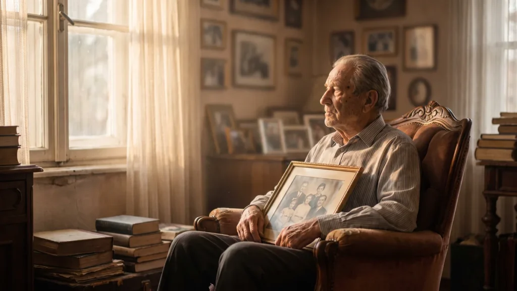 Pencere yanındaki koltukta oturan ve kucağında çerçeveli bir fotoğraf tutan yaşlı erkek.