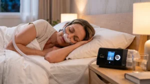 Uyku apnesi tedavisi için CPAP cihazı ve burun maskesi kullanan kadın