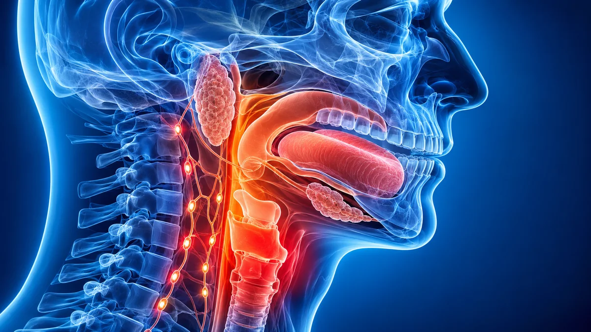 Baş ve boyun bölgesindeki ağız, dil, yutak, gırtlak ve lenf düğümlerini gösteren anatomik illüstrasyon