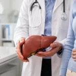 Karaciğer maketi tutan doktor ve karnına dokunan hasta