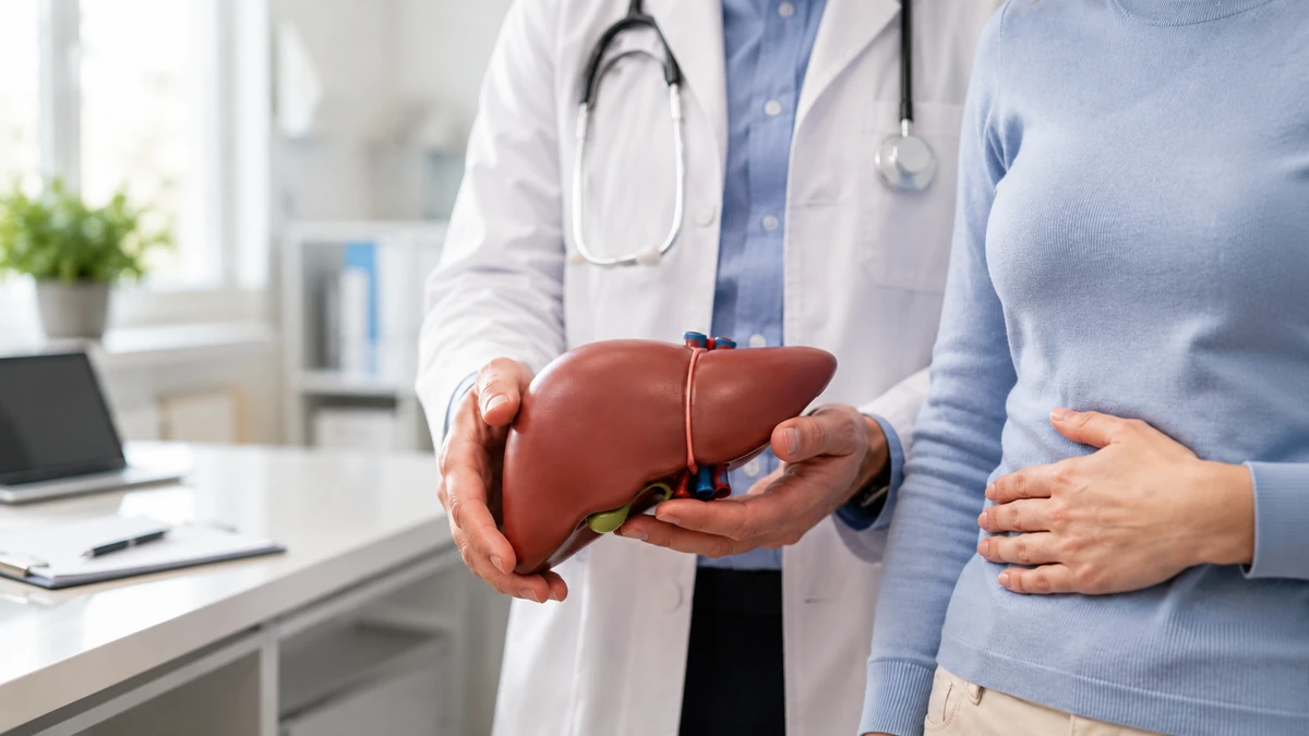 Karaciğer maketi tutan doktor ve karnına dokunan hasta