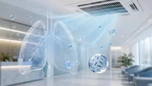 Klima sisteminden yayılan su damlacıklarındaki Legionella bakterilerinin akciğerlere ulaşmasını gösteren illüstrasyon