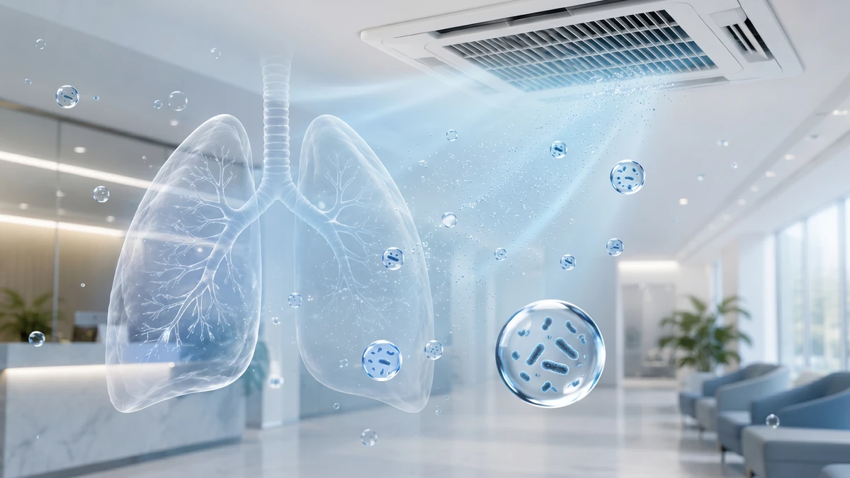 Klima sisteminden yayılan su damlacıklarındaki Legionella bakterilerinin akciğerlere ulaşmasını gösteren illüstrasyon