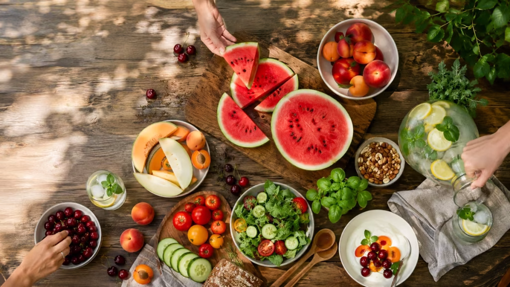 Yaz meyveleri, salata, yoğurt, kuruyemiş ve limonlu suyla hazırlanmış hafif bir yaz sofrası