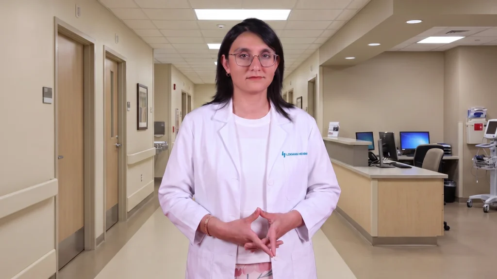 Doç. Dr. Cemile Özsürekçi, hastane koridorunda beyaz önlüğüyle