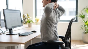 Ofis ortamında boyun ve omurga bölgesi vurgulanan masa başı çalışan