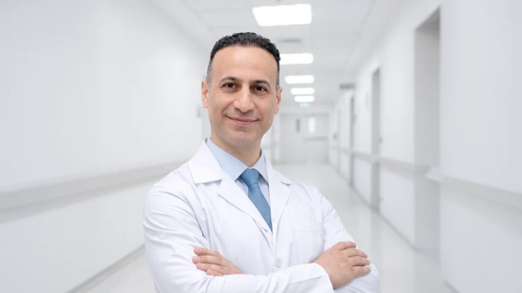 Prof. Dr. Mehmet Emin Şimşek hastane koridorunda beyaz önlüğüyle