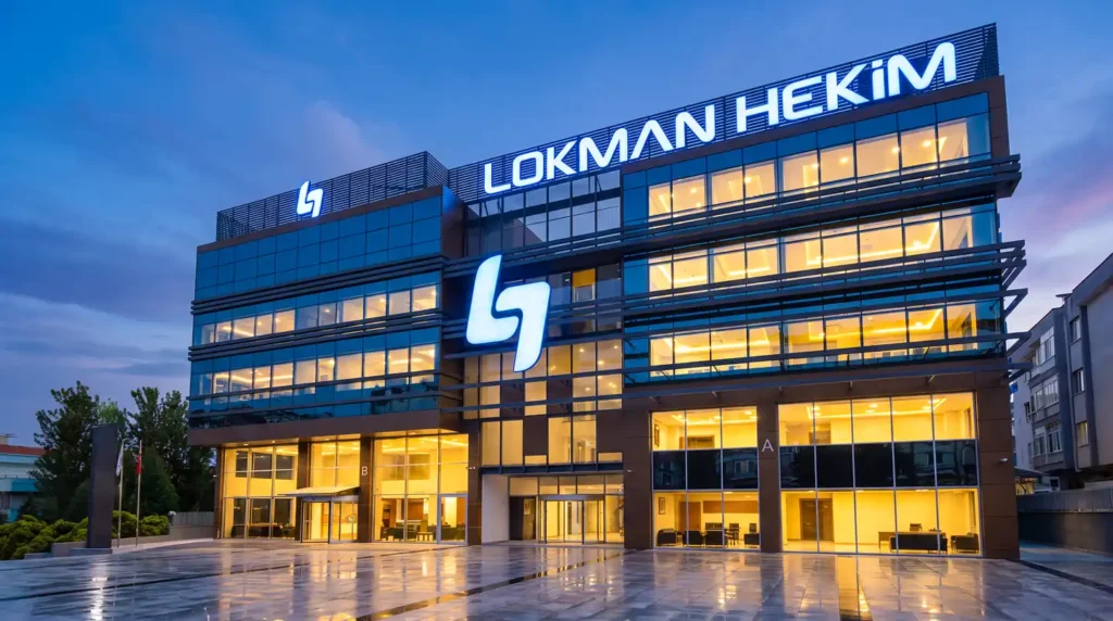 Lokman Hekim Etlik Hastanesi binasının akşam görünümü