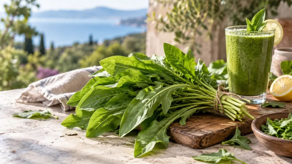 Ahşap tahta üzerinde yeşil yaprak demeti, yanında limon ve yeşil içecek.
