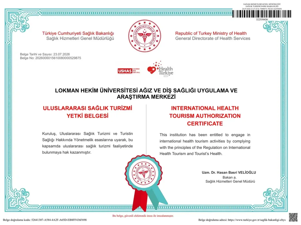 Lokman Hekim Üniversitesi Ağız ve Diş Sağlığı Uygulama ve Araştırma Merkezi Uluslararası Sağlık Turizmi Yetki Belgesi
