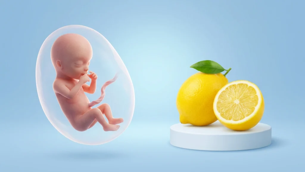 14 haftalık bebeği gösteren çizim ve aynı büyüklükteki limon