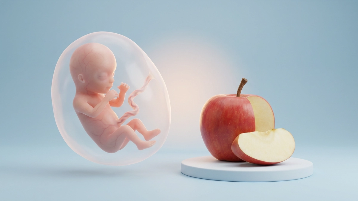 15 haftalık bebeği gösteren çizim ve aynı büyüklükteki elma