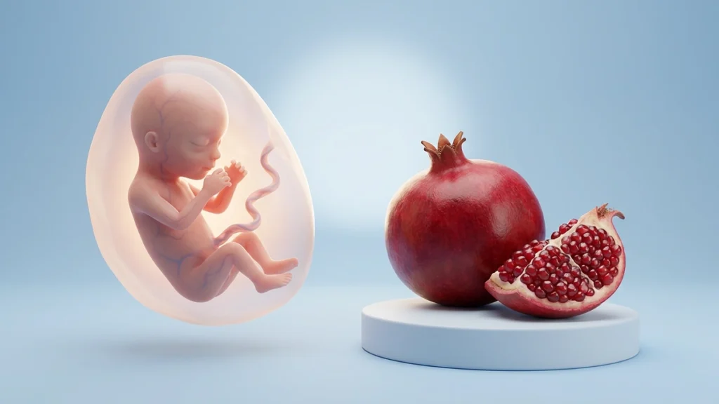 17 haftalık bebeği gösteren çizim ve aynı büyüklükteki nar