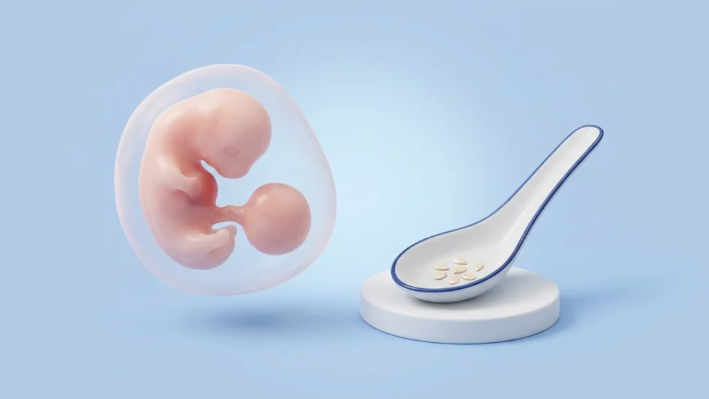 5 haftalık bebeği gösteren çizim ve aynı büyüklükteki susam taneleri