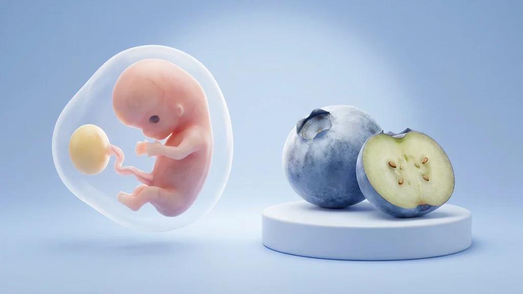 7 haftalık bebeği gösteren çizim ve aynı büyüklükteki yaban mersinleri
