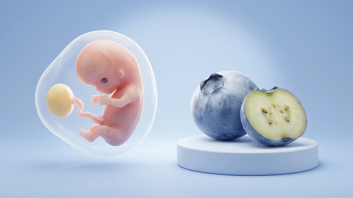 7 haftalık bebeği gösteren çizim ve aynı büyüklükteki yaban mersinleri