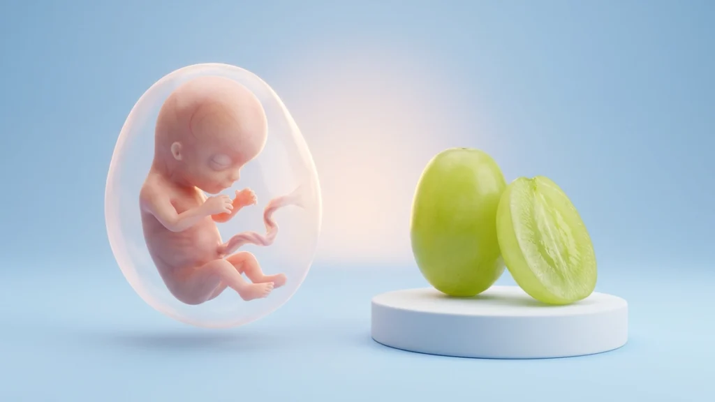 9 haftalık bebeği gösteren çizim ve aynı büyüklükteki üzüm