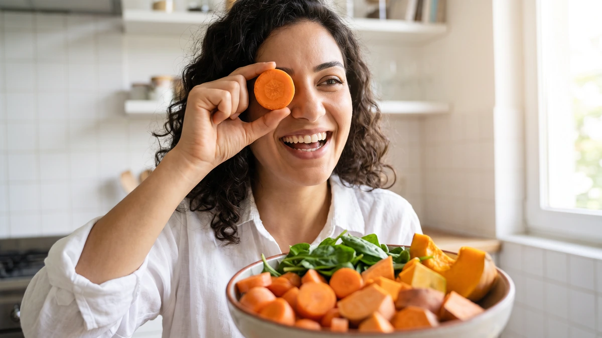 Havuç dilimini gözüne tutan kadın ve A vitamini içeren sebzeler