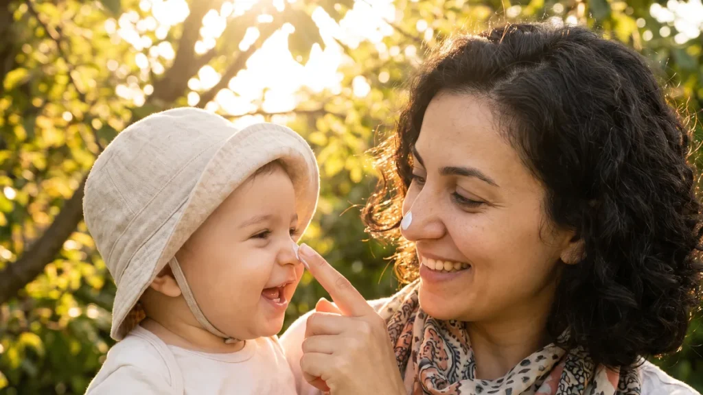 Bebeğinin burnuna güneş kremi süren anne