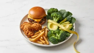 Hamburger, kızarmış tavuk ve patates ile brokoli, avokado ve mezuranın bulunduğu temsili beslenme görseli.