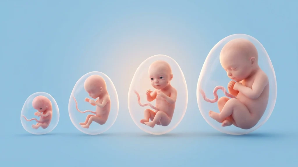 Embriyodan doğuma hazır bebeğe, gebelik haftalarında bebeğin büyümesini gösteren çizim