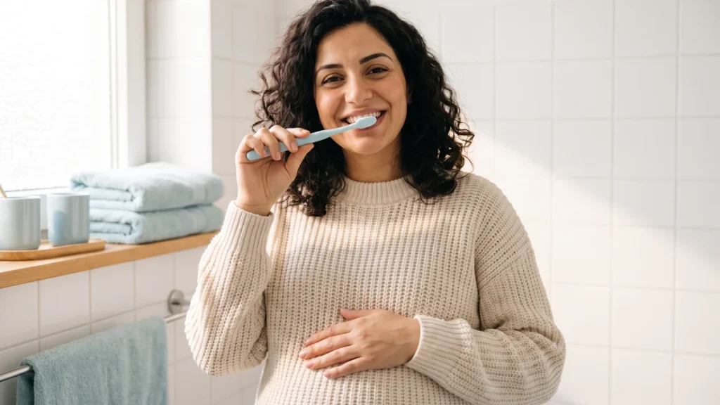 Dişlerini fırçalayan gülümseyen hamile kadın