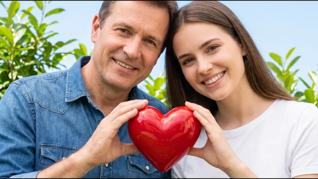 Baba ve kızı birlikte kırmızı bir kalp tutarak gülümsüyor